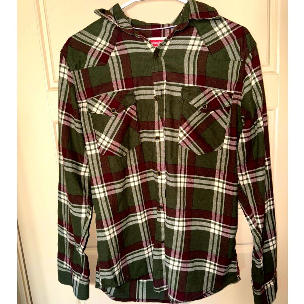 Wrangler Men's Flannel Shirt – Size Small – Green, Tan & Red Windowpane Plaid